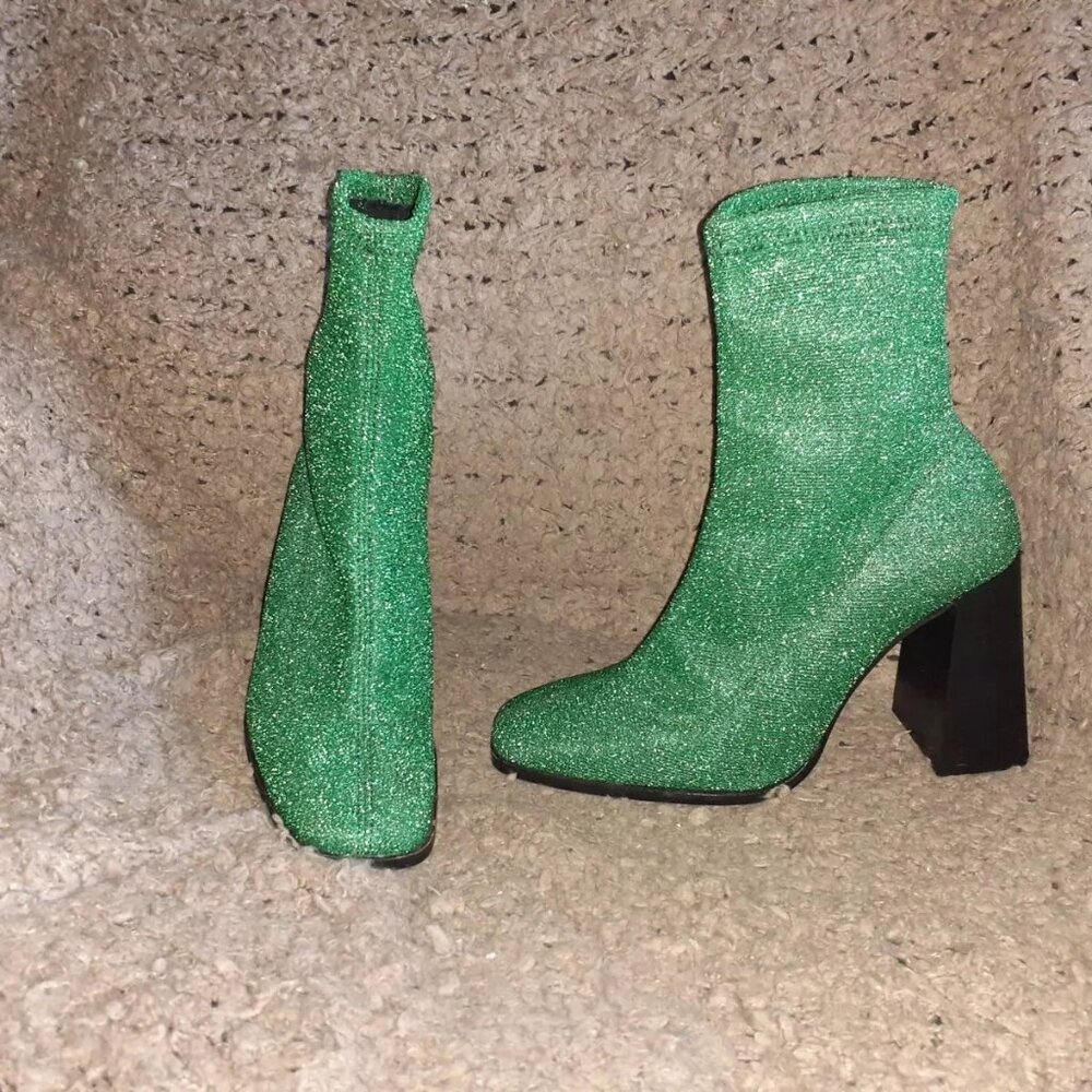 L'INTERVALLE-Green Glitter-Stretch High Heel Ankle Sock Boots-Sz 40-Near Mint